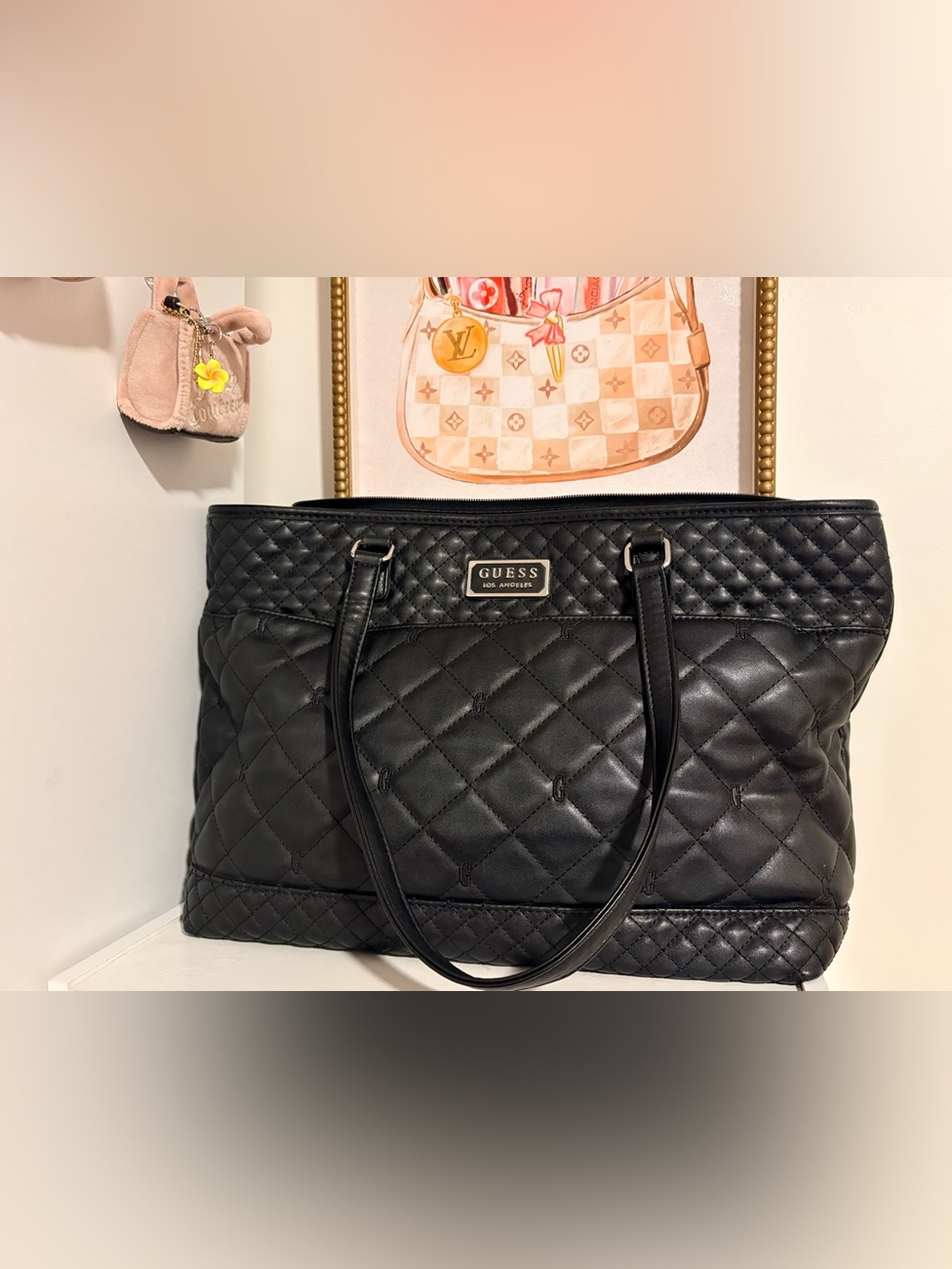 GUESS Black Quilted Tote with Double Straps